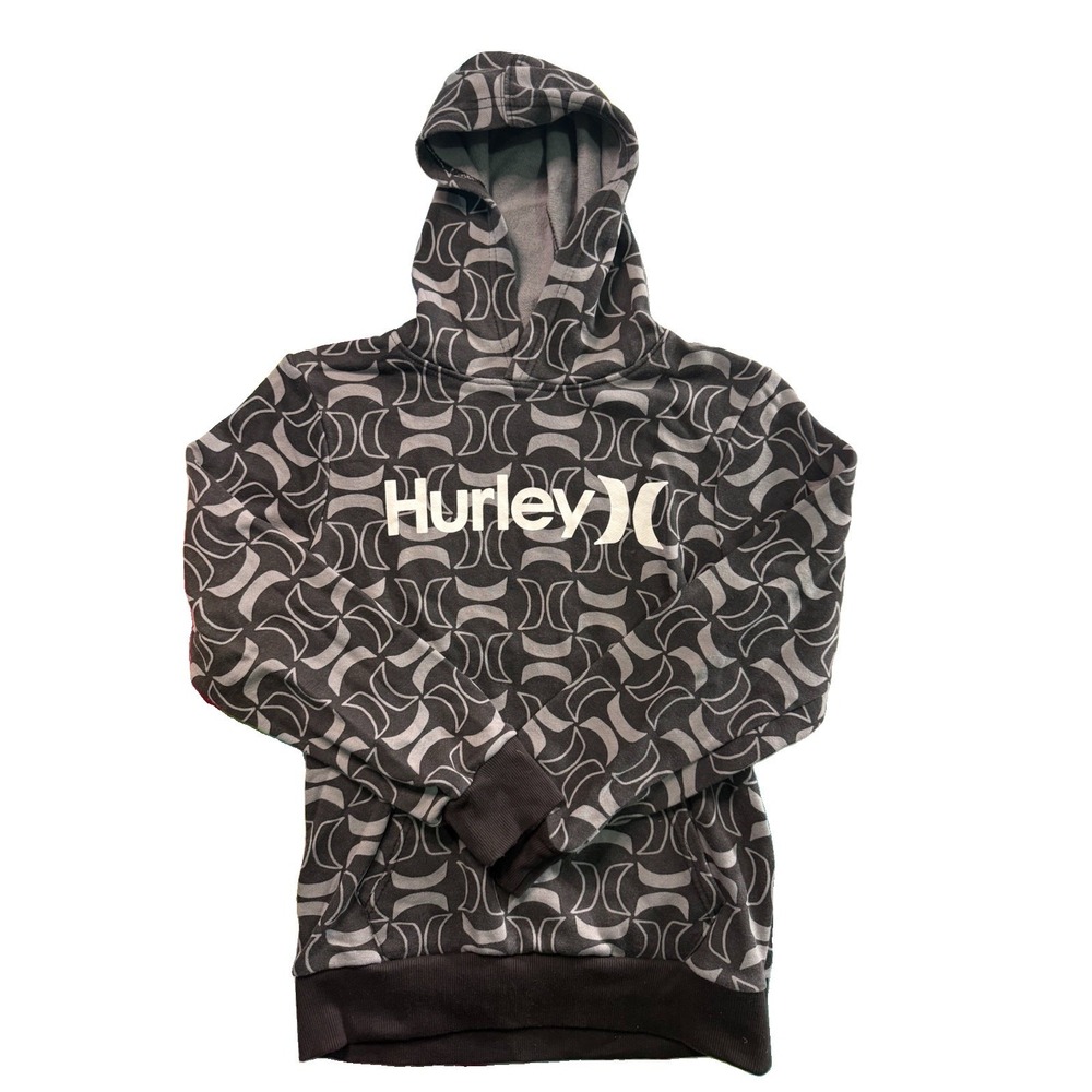 Hurley Hoodie Youth Large All Over Print Black White Hooded Sweatshirt EUC